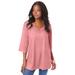 Plus Size Women's Lace V-Neck Ultrasmooth® Fabric Top by Roaman's in Desert Rose (Size 12)