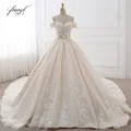 Fmogl-Robe de Mariée en Dentelle Vintage avec Traîne Royale Tenue de Bal avec Perles et Fleurs