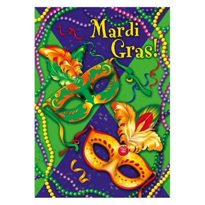 Feathered Carnival Masks and Beads "Mardi Gras" Outdoor Garden Flag - 18" x 12.5"