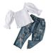 Checker Pants Baby Girl Years 2PCS Toddler Hole Jeans Off Shirt Girls T Shoulder 16 Denim 1/2 Tops Set Outfits Sleeve Kids Long Pants Girls Outfits&Set Shirt Girls