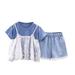 Cute Teen Leggings Girl Outfits Teens Toddler Kids Girls Clothes Summer Short Sleeve Lace Ribbed Ruffle T Shirt Tops Denim Shorts Casual 2PCS Outfits Set Winter Baby Girl Gift