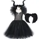 Robe de Sorcière Maléfique Noire avec Cornes et Ailes pour Enfant Costume d'Halloween Tutu Col en