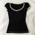 T-shirt Vintage Vintage en Dentelle Noire pour Femme Vêtement Chic Rétro Grunge Coréen Y2K