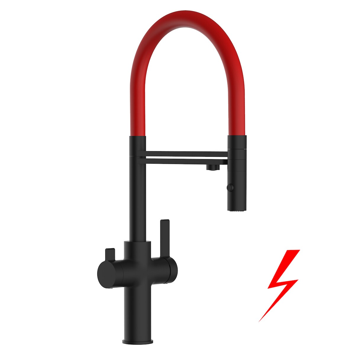 Vizio Niederdruck 3 Wege Wasserhahn Küchenarmatur Spültischmischer FC, Schwarz Matt, mit 360° schwenkbarem Rot Auslauf und abnehmbare 2 strahl Handbrause Image