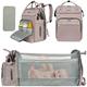 EMPSIGN Baby Changing Bag Backpack, Large Nappy Back Pack Multifunction Baby Bags, Portable Travel Diaper Bag with Foldable Cot Bed, USB Charging Baby Bag for Mom, Dusty Pink