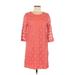 Buttons Casual Dress - Shift Crew Neck 3/4 sleeves: Pink Print Dresses - Women's Size Medium