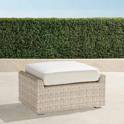 Ashby Ottoman with Cushion in Shell Wicker - Standard, Cara Stripe Air Blue - Frontgate