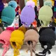 Bonnet en laine avec pompons en fourrure pour enfant bonnets rayés avec queue joli bonnet tricoté