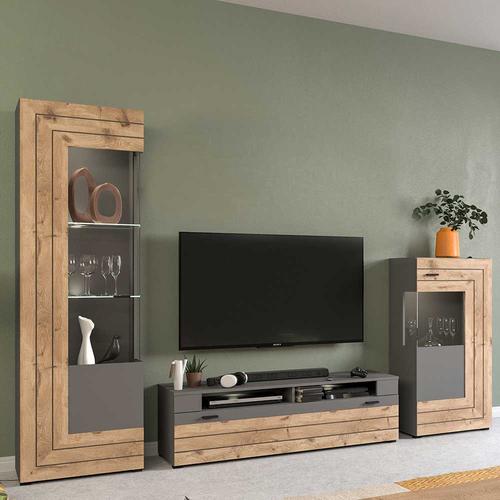 Wohnzimmeranbauwand modern in Wildeichefarben Grau (dreiteilig)