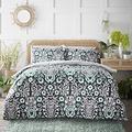 JEFF BANKS Pour La Maison Le Blanc Duvet Set - 100% Cotton Reversible Super King Duvet Cover and Pillowcase Set with Botanical Print and Button Fastening - Super King - White, Navy Blue and Green