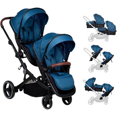 Zwillings-Kombikinderwagen BABYGO "Twinner Set, Blau melange", Baby, blau (blau melange), Aluminium, Polyester, Kinderwagen, inkl. 2 Regenhauben, Wickeltasche Image