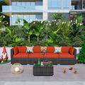 Ovios 5 Piece Outdoor Furniture All Weather Wicker Patio Conversation Sectional Sofa Set with coffee table for Garden Backyard (Orange Red)