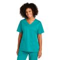 Wonderwink WW4760 Women's WorkFlex Mock Wrap Top in Teal Blue size Large | 65/35 polyester/cotton