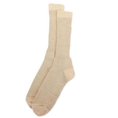Pakucho,'Unisex Beige and Green Cotton Socks Knitted in Peru'