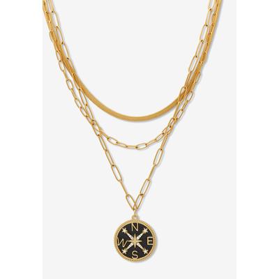 Women's Yellow Gold Ion-Plated Stainless Steel 3-Strand Layered Necklace Set With Compass Pendant by PalmBeach Jewelry in Gold