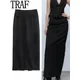 TRAF-Ensemble jupe longue taille haute pour femme avec poches jupes mi-longues noires mode