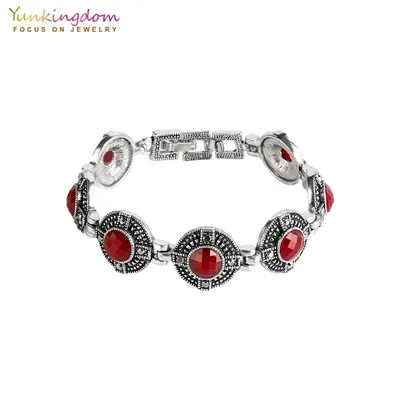 Yunkingdom-Bracelets à breloques en résine rouge vintage pour femme bracelets de document en argent