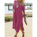 Robe longue fendue à manches courtes et col rond pour femme pull streetwear vacances couleur