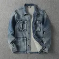 Veste Cargo en Denim épais pour homme style rétro américain mode homme élastique délavé