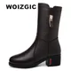 WOIZGIC – bottes d'hiver en cuir véritable pour femme chaussures mi-mollet à talons hauts