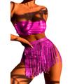 Rave Outfits für Damen, 3-teiliges Bikini-Set Quasten Rock Metallic-Badeanzug Holografisches Bandeau-Oberteil Badeanzüge für Festivals(Rose,S,1005w)