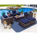 Sorrento 6-Piece M Resin Wicker Outdoor Patio Furniture Lounge Sofa Set in Brown w/ Loveseat Sofa Two Armchairs Two Ottomans and Coffee Table (Flat-Weave Brown Wicker Sunbrella Canvas Navy)