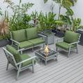LeisureMod Walbrooke Modern Aluminum 5-Piece Patio Conversation Set with Outdoor Square Fire Pit Table & Side Table Tank Holder And Green Cushions