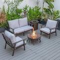 LeisureMod Walbrooke Modern Aluminum 5-Piece Patio Conversation Set with Outdoor Round Fire Pit Table & Side Table Tank Holder And Light Grey Cushions