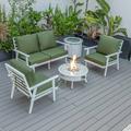 LeisureMod Walbrooke Modern Aluminum 5-Piece Patio Conversation Set with Outdoor Round Fire Pit Table & Side Table Tank Holder And Green Cushions