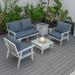 LeisureMod Walbrooke Modern Aluminum 5-Piece Patio Conversation Set with Outdoor Square Fire Pit Table with Slats Design & Side Table Tank Holder And Navy Blue Cushions