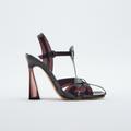 Zara Shoes | Nwt Brown Vinyl Caged Heeled Sandals W/ Methacrylate Heel, 10 | Color: Brown/Purple | Size: 10