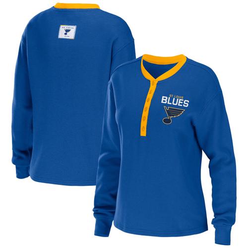 Damenbekleidung von Erin Andrews Blaues St. Louis Blues Waffle Henley Langarm-T-Shirt