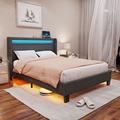 Ivy Bronx Dimtry Upholstered Bed w/ LED Lights & USB Power Strips Polyester in Black | 41.7 H x 63.8 W x 85 D in | Wayfair
