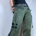 Y2K-Jean à Fermeture Éclair Verte pour Femme Baggy Gothique Grunge Punk Rétro Bandage Pantalon