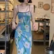 Robe à bretelles sexy à col carré pour femmes imprimé floral coréen moulante bleu clair dernière