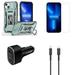 Accessories Bundle Pack for iPhone 14 Plus Case - Rugged Camera Protection Stand Cover (Alpine Green) Screen Protectors 48W PD Car Charger USB-C to MFI Certified Lightning Cable