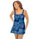 Plus Size Women's Princess-Seam Swim Dress by Swim 365 in Blue Electric Palm (Size 14) Swimsuit