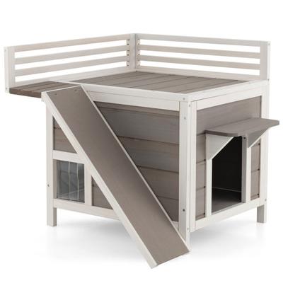 Costway Outdoor Wooden Feral Cat House with Balcony and Slide-Gray