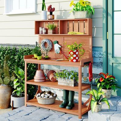 65" Large Wooden Farmhouse Outdoor Potting Bench Table Garden Potting Bench with 4 Storage Shelves and Side Hook