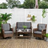 Outsunny 4 Piece PE Wicker Patio Furniture Set, Conversation Set with 2 360° Swivel Rocking Armchairs, 1 Loveseat Sofa