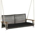 Patiojoy Patio 2-Person Loveseat Rattan Porch Hanging Swing Chair w/ Seat Cushion & Acacia Wood Armrests Black