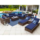 Tuscany 19-Piece Resin Wicker Outdoor Patio Furniture Combination Set with Sectional Set Round Dining Set and Chaise Lounge Set (Half-Round Brown Wicker Sunbrella Canvas Navy)