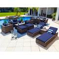 Tuscany 16-Piece Resin Wicker Outdoor Patio Furniture Combination Set with Loveseat Lounge Set Six-seat Dining Set and Chaise Lounge Set (Half-Round Brown Wicker Sunbrella Canvas Navy)