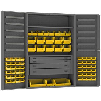 Durham Mfg 48" x 24" x 72" 13-Shelf 4-Drawer Storage Cabinet with 69 Yellow Bins DCBDLP694RDR-95