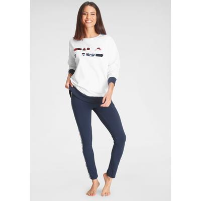 Loungeanzug FILA, Damen, Gr. XL, blau (dunkelblau), Jersey, Obermaterial: 100% Baumwolle. Obermaterial Hose: 95% Baumwolle, 5% Elasthan, glänzend, Glitzermuster, bequem knöchellang, Rundhals, Langarm angeschnitten Rippbündchen kontrastfarben,... Image