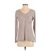 CAbi Long Sleeve T-Shirt: V-Neck Covered Shoulder Gray Print Tops - Women's Size Small