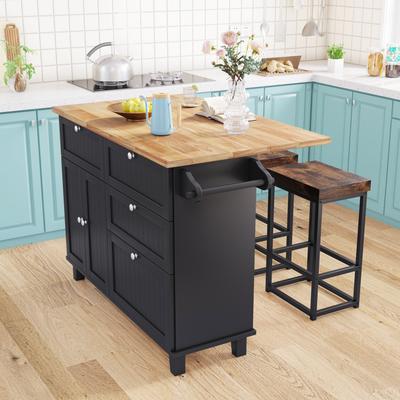 Kitchen Island Set with Drop Leaf and 2 Seatings,D...