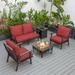 LeisureMod Walbrooke Modern Aluminum 5-Piece Patio Conversation Set with Outdoor Square Fire Pit Table with Slats Design & Side Table Tank Holder And Red Cushions
