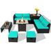 Topbuy 9 Pieces Outdoor PE Rattan Wicker Sectional Sofa with 42 Gas Fire Pit Table Space-Saving Patio Conversation Set with Storage Box Turquoise