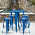 BizChair Commercial Grade 30 Round Blue Metal Indoor-Outdoor Bar Table Set with 4 Square Seat Backless Stools